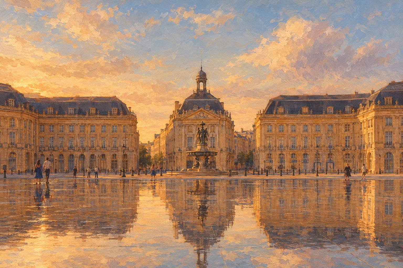 La place de la Bourse et le Miroir d'eau à Bordeaux, peints au coucher du soleil